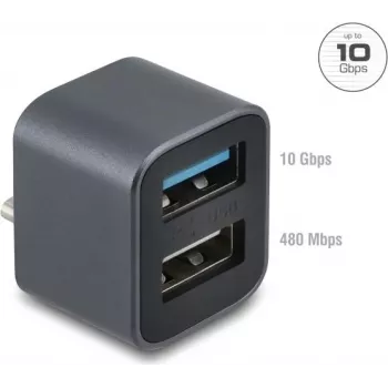 DELOCK Mini USB Hub USB Type-C kištukas į 1x USB 10 Gbps Type-A ir 1x USB 2.0 Type-A (modelis 64359)