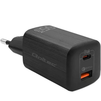 Qoltec 50766 greitasis AC įkroviklis nešiojamam kompiuteriui, žaidimų konsolei, powerbankui, išmaniajam telefonui, išmaniajam laikrodžiui, planšetei, juodas, su GaN technologija