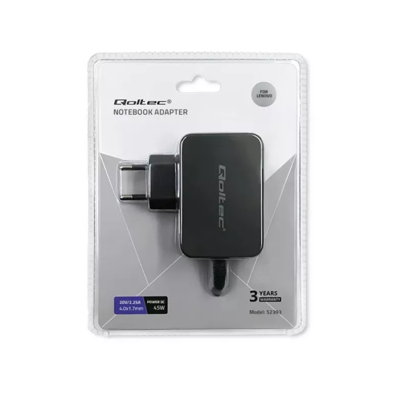 Maitinimo adapteris QOLTEC 45W 20V 2,25A nešiojamiesiems įrenginiams, modelis 52393