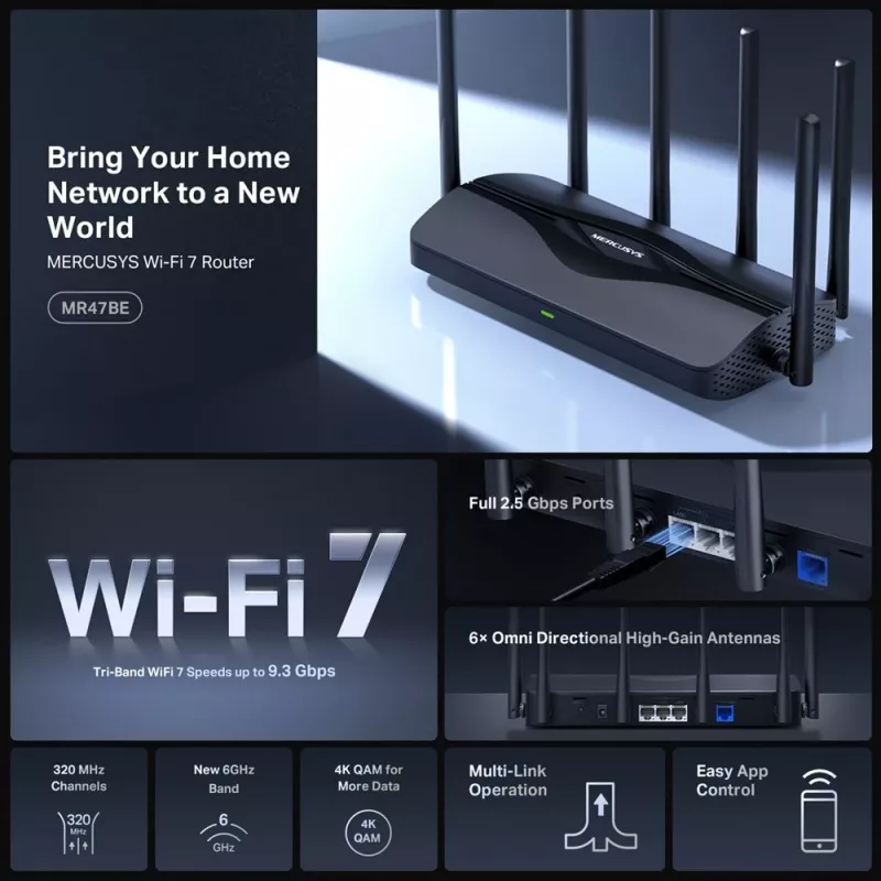 Stalinis maršrutizatorius MERCUSYS MR47BE — trijų juostų Wi‑Fi 7 (2.4/5/6 GHz), 9300 Mbps, 3× RJ‑45, 2.5GbE, 6 išorinių antenų