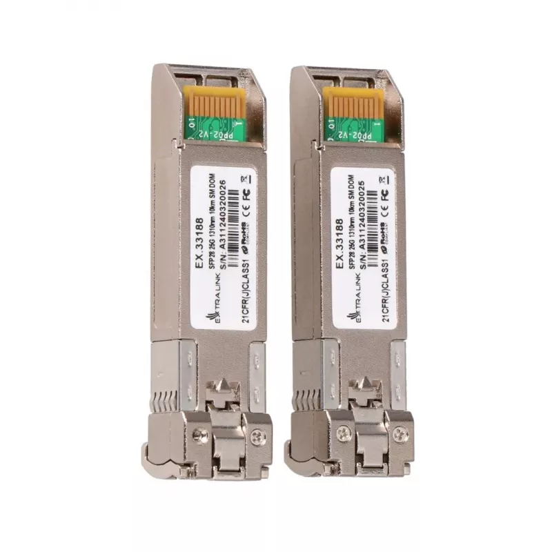 Extralink SFP28 25G 2 rinkinys | SFP28 modulis | 25Gbps, LC/UPC dupleksas, 1310nm, 10km, vienmodis, DOM tinklo siųstuvas-imtuvas