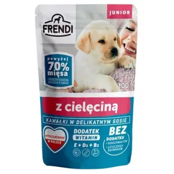 FRENDI Junior gabaliukai švelniame padaže su veršiena – šlapias šunų ėdalas – 100 g