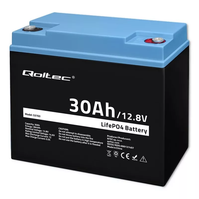 Įkraunama LiFePO4 baterija QOLTEC 12.8V 30Ah 384Wh su BMS