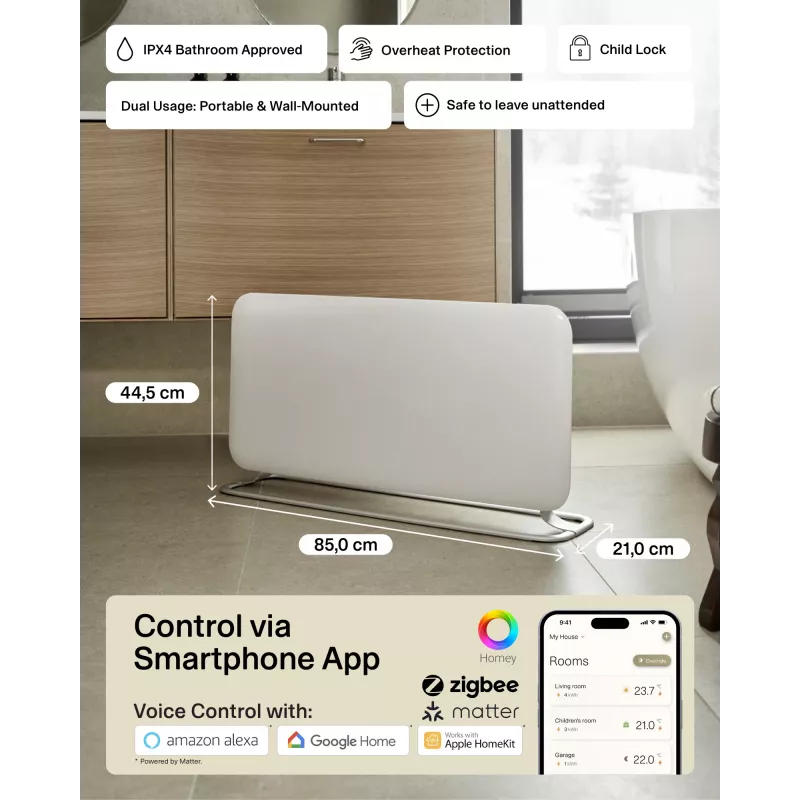 Mill WiFi Panelinis Šildytuvas | PA1500WIFI4A | 1500 W | Tinka iki 22 m² patalpoms | Baltas | IPX4