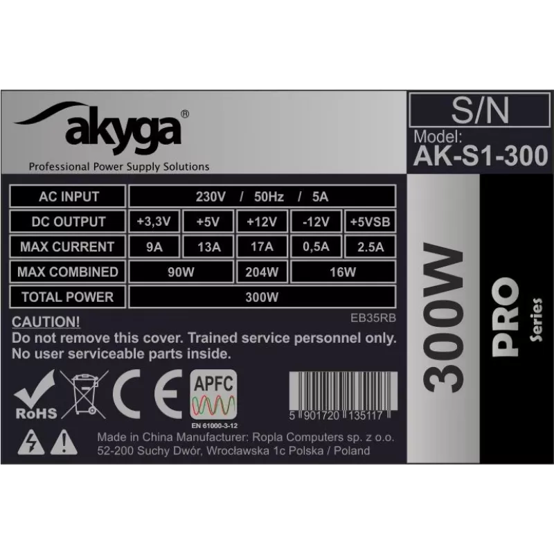Akyga AK-S1-300 300 W SFX maitinimo blokas, pasyvusis PFC, 80 mm ventiliatorius, juodas