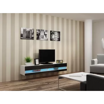 TV stovas Cama Meble VIGO NEW 30/180/40, balta viršus, juodas blizgus rėmas, 1800×400×300 mm