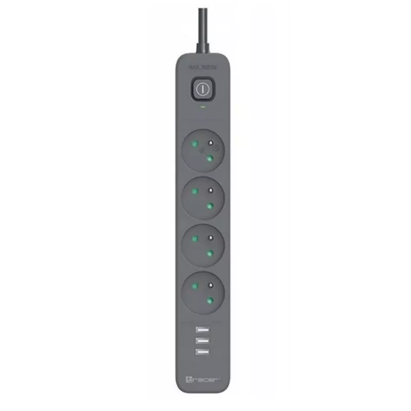 TRACER Power Line+ apsauginis ilgintuvas su USB 1,5 m (4 kištukiniai lizdai + 3x USB-A, 5V 2,4A)