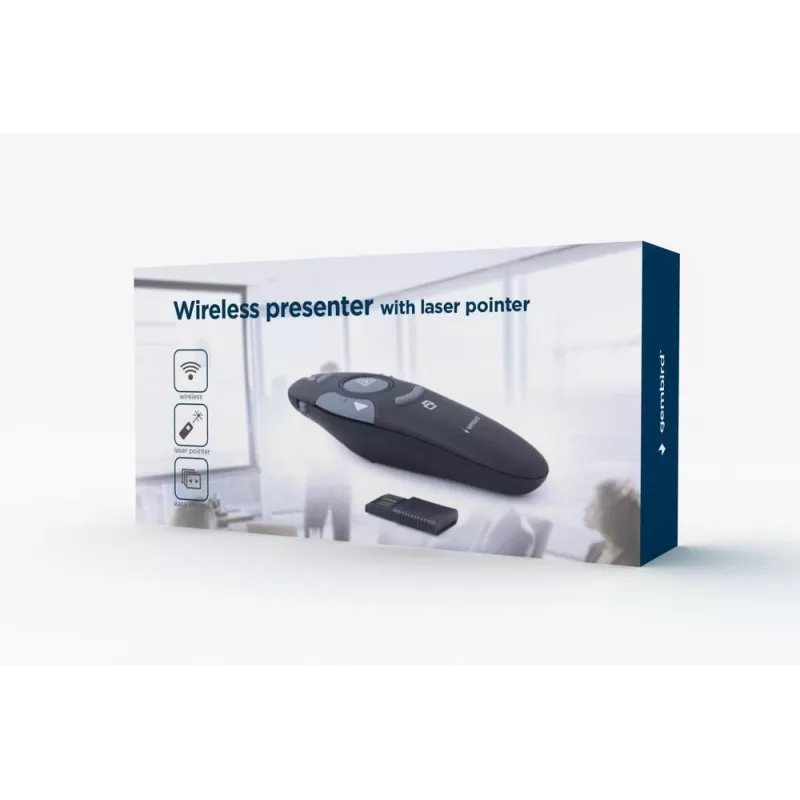 GEMBIRD belaidis IR pristatymo nuotolinio valdymo pultelis WP-L-11, 4 mygtukai, 2,4 GHz RF USB imtuvas, juodas, AAA baterija