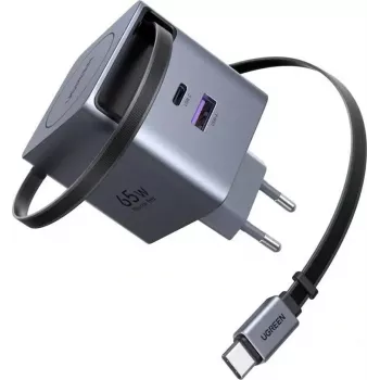UGREEN X615 65W GaN greitasis įkroviklis su 1x USB-C, 1x USB-A ir įtraukiamu kabeliu (modelis 65825)