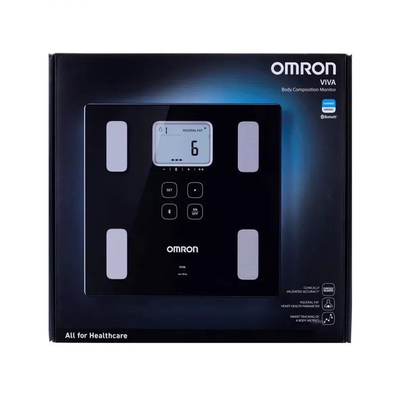Elektrinės asmeninės svarstyklės Omron VIVA – kvadratinės, juodos, iki 150 kg, 100 g tikslumas, kūno riebalų/KMI/BMR matavimas, 30 vartotojų atmintis