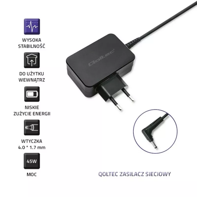 Maitinimo adapteris QOLTEC 45W 20V 2,25A nešiojamiesiems įrenginiams, modelis 52393