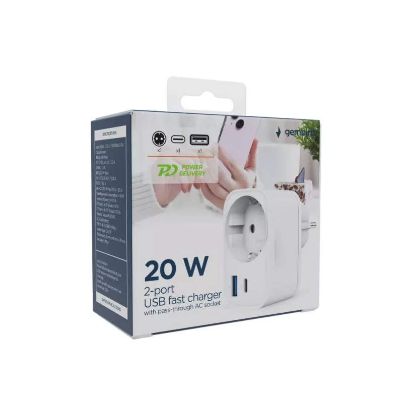 USB įkroviklis universalus 20W baltas/2P AC TA-ACPDQC20-01-W GEMBIRD