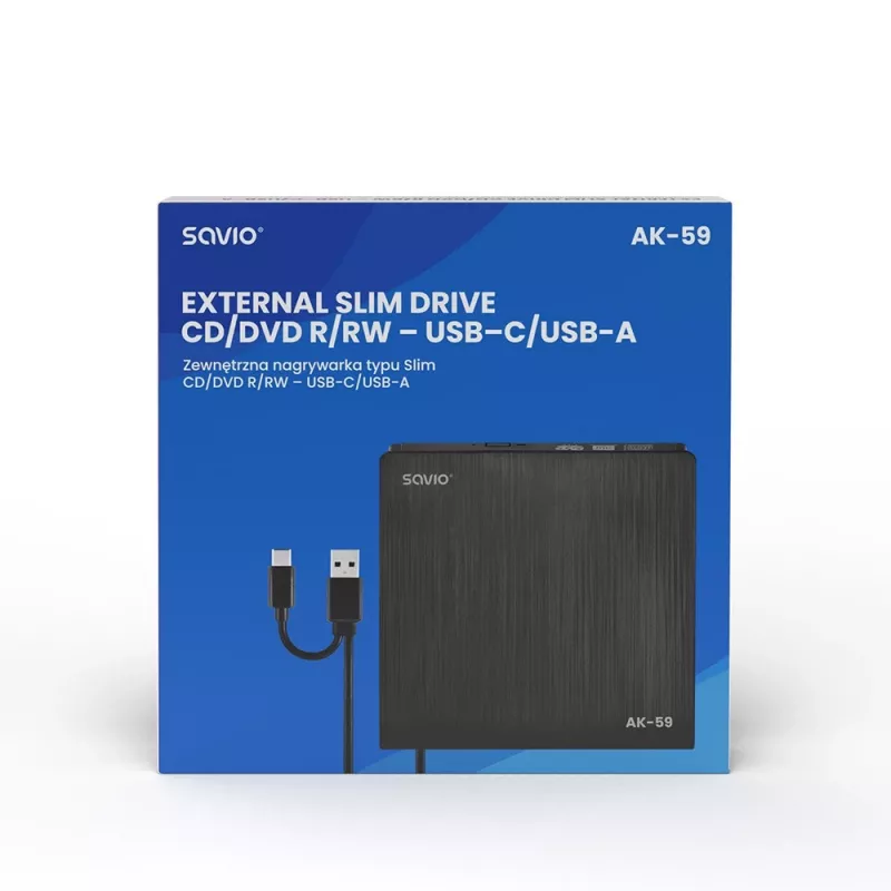 SAVIO AK-59 Išorinis plonas CD/DVD įrašytuvas R/RW - USB-C/USB-A, juodas