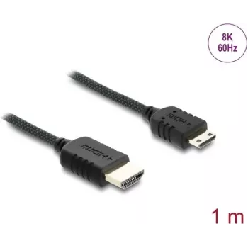 HDMI laidas DELOCK 81687 — 1 m, HDMI A tipo (vyriškas) į HDMI C tipo (Mini, vyriškas), 48 Gbit/s, iki 7680×4320, paauksuoti kontaktai, juodas