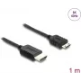 HDMI laidas DELOCK 81687 — 1 m, HDMI A tipo (vyriškas) į HDMI C tipo (Mini, vyriškas), 48 Gbit/s, iki 7680×4320, paauksuoti kontaktai, juodas