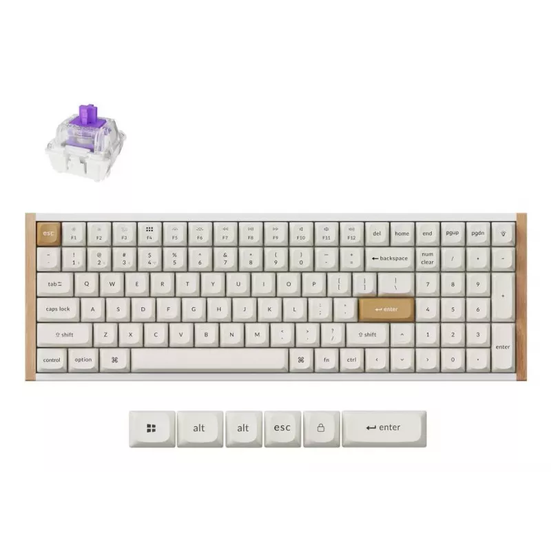 Mechaninė klaviatūra Keychron K4 HE 96% QWERTY — USB, RF belaidis ir Bluetooth, 100 klavišų, RGB, balta/medis