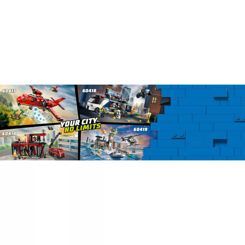 Konstruktorius LEGO City Gaisrinė su sukamu kopėčių automobiliu 60414 — 843 detalės, 5 minifigūrėlės, 220×320×140 mm