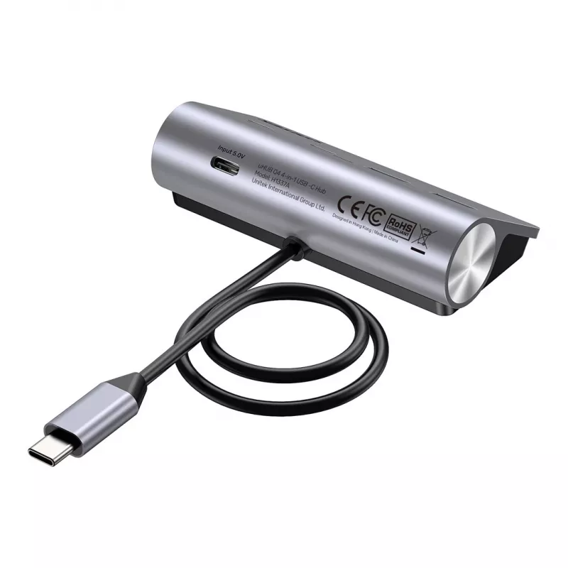 USB šakotuvas Unitek H1337AGY01 – 4 prievadai (2×USB-C, 2×USB-A), iki 5 Gbps, aliuminis, sidabrinis