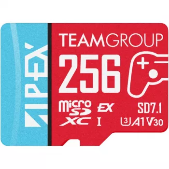 „Team Group APEX SD7.1“ MicroSD Express atminties kortelė, 256 GB, raudona/mėlyna