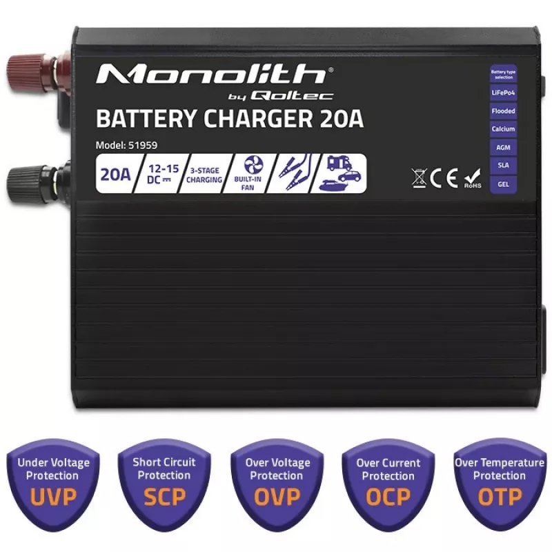 Kroviklis QOLTEC Monolith 20A 12V LiFePO4, AGM, GEL, SLA akumuliatoriams