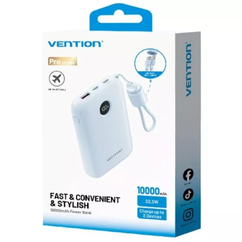 Power bank Vention 10000mAh 22.5W mėlynas — 2× USB‑C, 1× USB‑A