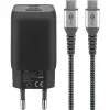 USB-C greitasis įkroviklis Nano, PD, GaN, 65 W, USB-C pintas laidas (juodas, 1x USB-A, 2x USB-C PD, Quick Charge 3.0, 1 m laidas)