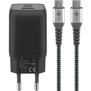 USB-C greitasis įkroviklis Nano, PD, GaN, 65 W, USB-C pintas laidas (juodas, 1x USB-A, 2x USB-C PD, Quick Charge 3.0, 1 m laidas)