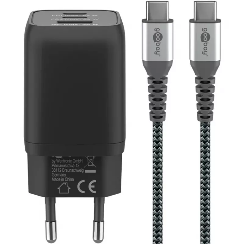 USB-C greitasis įkroviklis Nano, PD, GaN, 65 W, USB-C pintas laidas (juodas, 1x USB-A, 2x USB-C PD, Quick Charge 3.0, 1 m laidas)