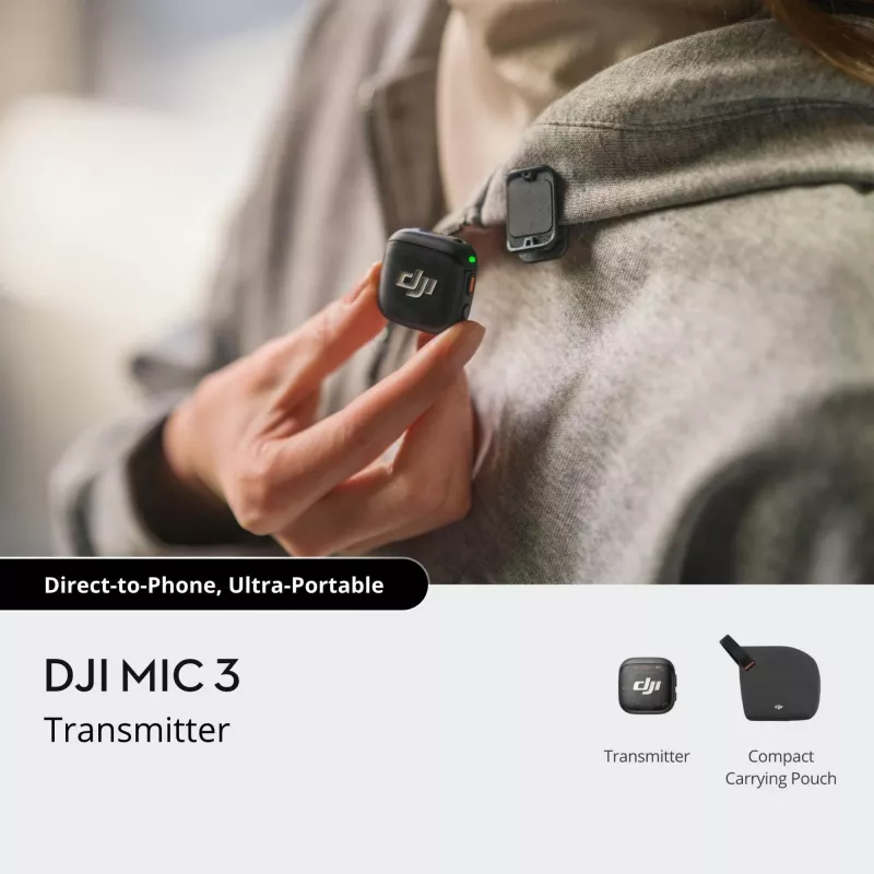 Belaidis kūno siųstuvas DJI MIC 3 – kompaktiškas nešiojamas mikrofonų siųstuvas, juodai pilkas