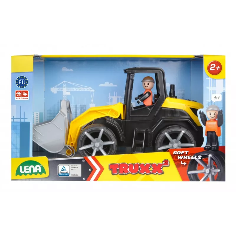 Žaislinis buldozeris Lena Truxx 2 atidaryta dėžutė 04512, plastikinis statybinis automobilis, stumiamas, kompaktiškas dydis
