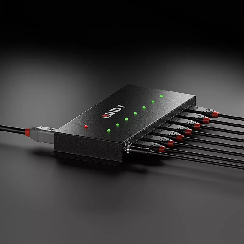 Lindy 7 prievadų USB 3.0 metalinis USB šakotuvas, USB 3.2 Gen 1 (3.1 Gen 1) Type-A, 5000 Mbit/s, juodas, 0,8 m, 185 mm, 75 mm