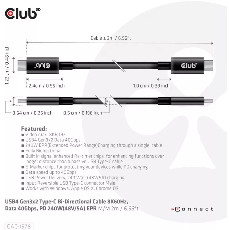 CLUB3D USB4 Gen3x2 Type-C abipusis laidas 8K60Hz, duomenys 40Gbps, PD 240W(48V/5A) EPR M/M 2m / 6.56ft