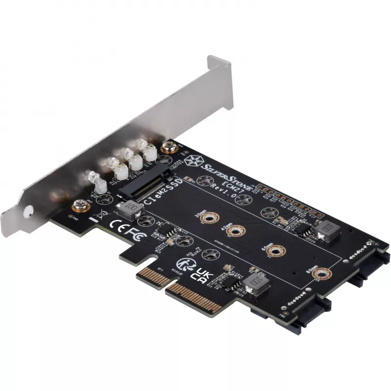 Silverstone SST-ECM27 M.2/SATA adapterio kortelė, PCIe 4.0, 1x M-Key, 2x SATA 6G - Low Profile
