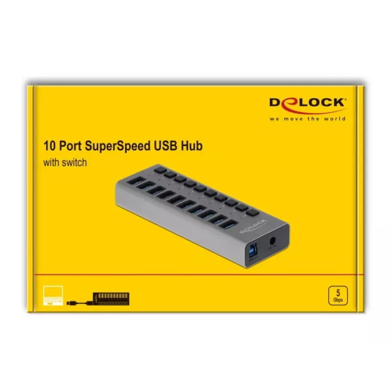 DeLOCK išorinis USB 3.2 Gen 1 10 prievadų šakotuvas su jungikliais, 5 Gbps