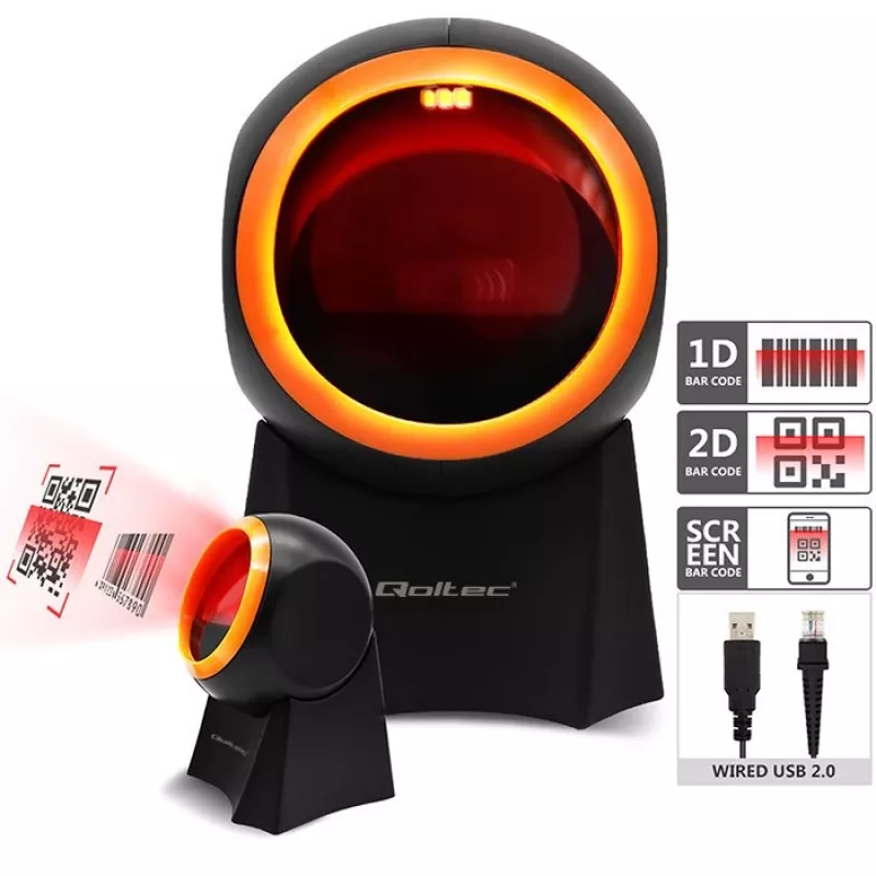 Stalinis brūkšninių kodų skaitytuvas QOLTEC 50857 — 1D/2D, USB, ABS korpusas, juodas, 1,75 m laidas