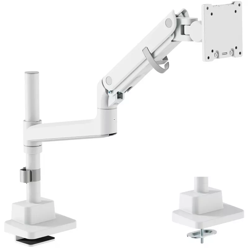 Laikiklis monitoriui DIGITUS Single, spaustuvinis, 57 col. maks., 27 kg talpa, VESA 75x75–100x100, baltas