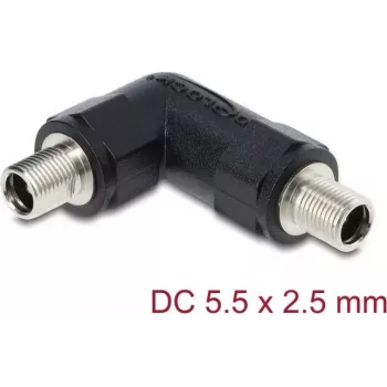 DELOCK DC maitinimo lizdo adapteris 5,5 x 2,5 mm moteriškas–moteriškas su sriegine mova, 90° kampu, juodas
