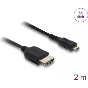 HDMI kabelis DELOCK 81691 — HDMI A tipo į Micro HDMI D tipo, 2 m, 48 Gbit/s, iki 7680×4320, auksuoti kontaktai, juodos spalvos