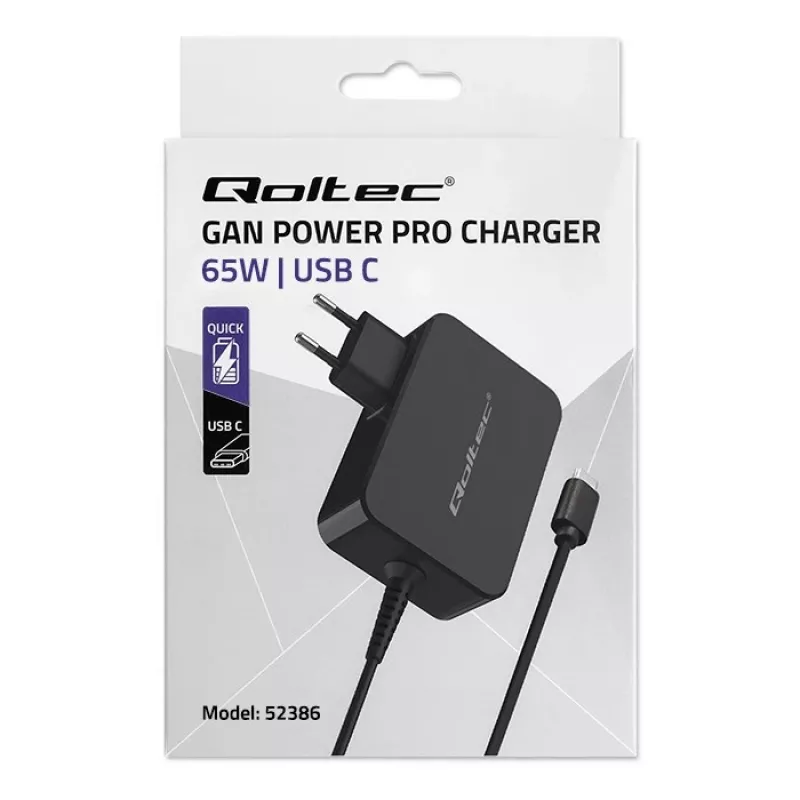 Qoltec 52386 GaN POWER PRO įkroviklis | 1xUSB-C | 65W | 5-20V | 3-3.25A | Juodas