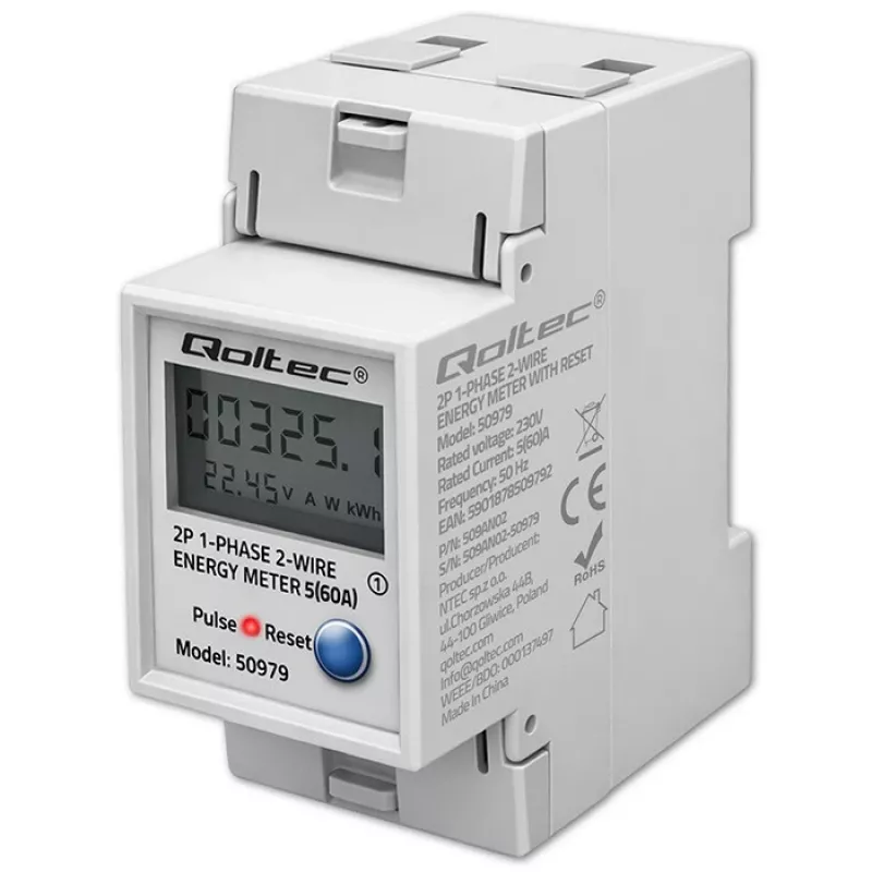 Energijos skaitiklis QOLTEC vienfazis DIN bėgelis 230V (MPN 50979)