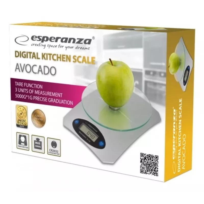Virtuvinės elektroninės svarstyklės ESPERANZA Avocado Grey, 5 kg, bambuko platforma