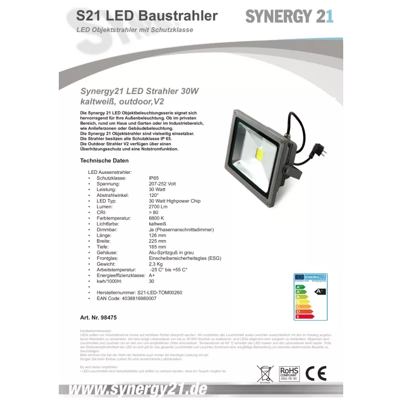 LED šviestuvas Synergy21 S21-LED-TOM00260 30 W, šalta balta, IP65