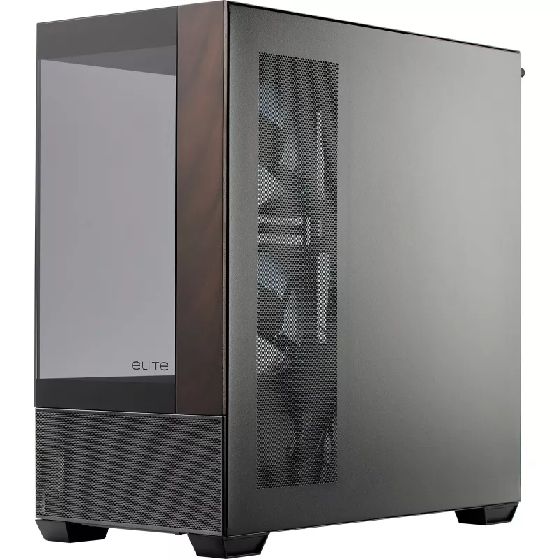 Cooler Master Elite 690 kompiuterio korpusas, Midi bokštas, ATX, grūdintas stiklas - 4x ARGB ventiliatoriai, medis, juoda