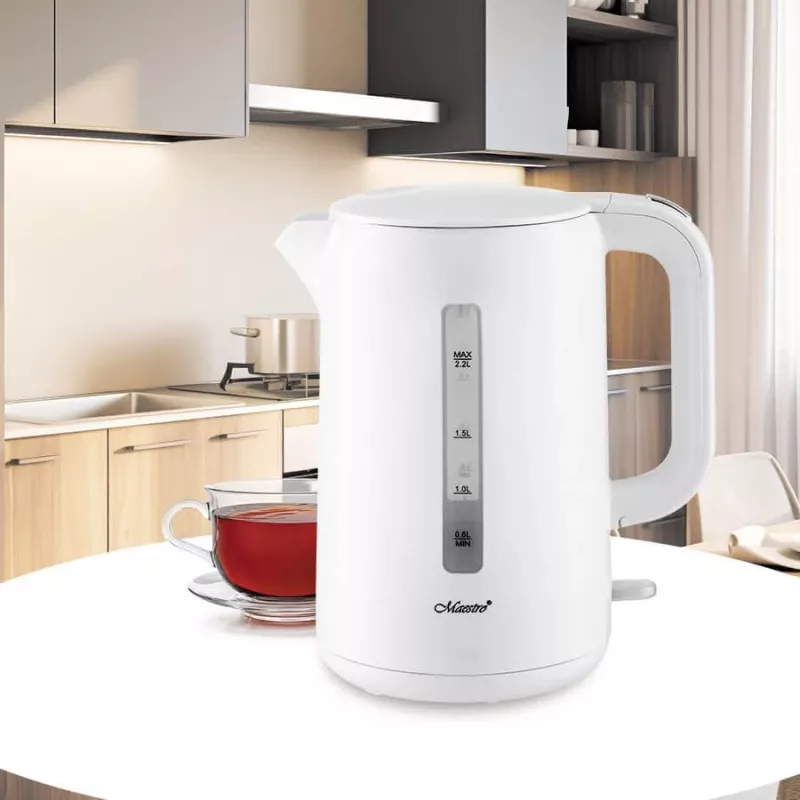 Elektrinis virdulys Maestro MR-022-WHITE, 2,2 L, 1850–2200 W, plastikinis korpusas, 360° pagrindas, apsauga nuo kalkių, vandens lygio indikatorius