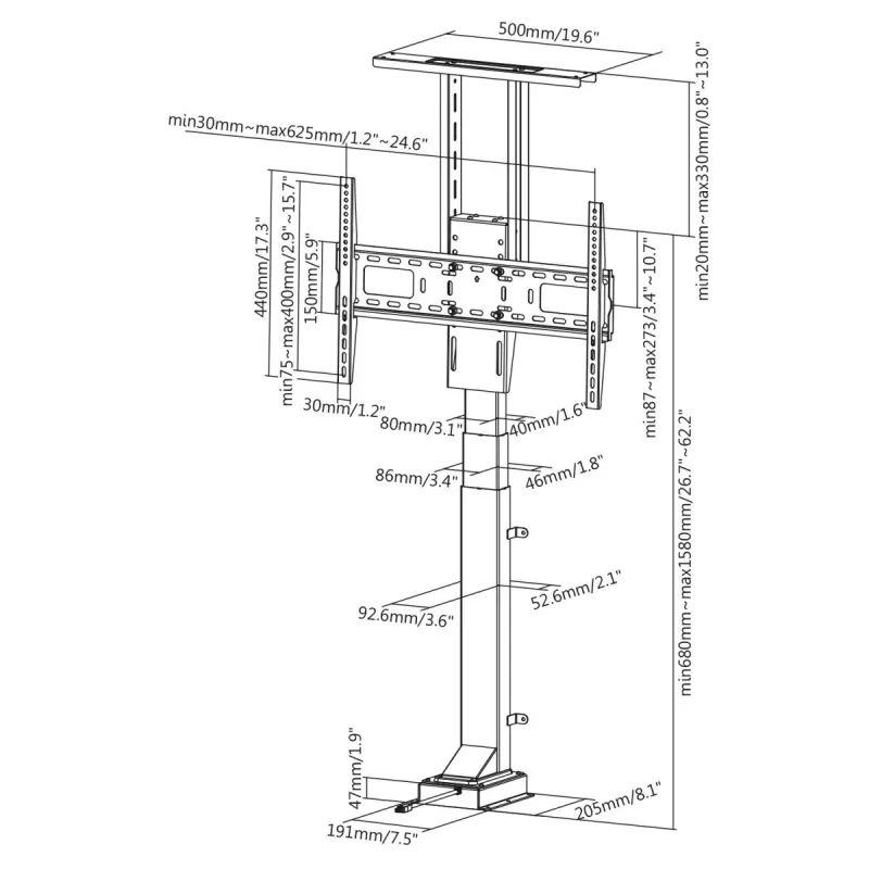 Grindinis TV stovas MACLEAN MC-866 37–65 colių (94–165,1 cm), VESA iki 600×400, maks. apkrova 50 kg, juodas