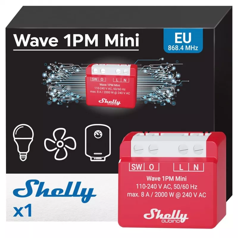Sieninis išmanusis relė Shelly 1PM — vieno kanalo Z-Wave mini jungiklis, 110–240V, 8A, 2000W, 868.4 MHz