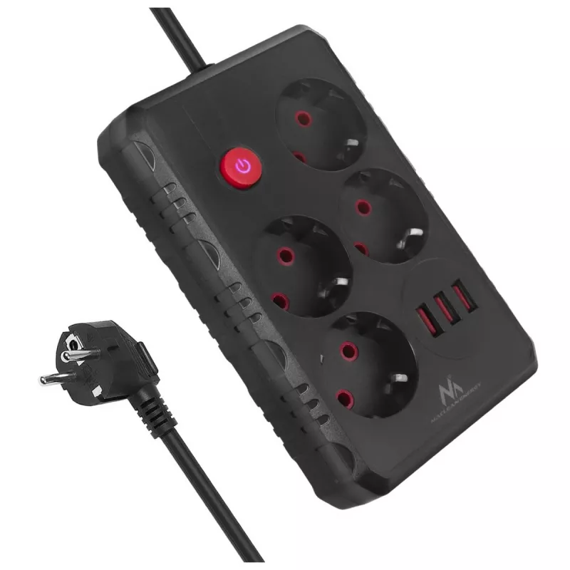 Ilgintuvas MACLEAN MCE392 B – 4 kištukiniai lizdai, 3×USB, 110–240V, 2,1A, 2500W, 1,5 m laidas, juodas