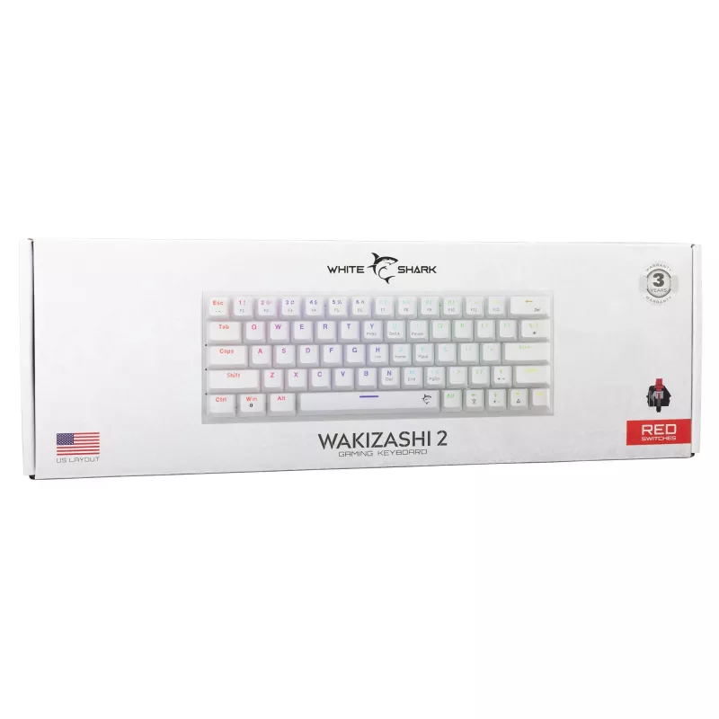 Mechaninė klaviatūra White Shark Wakizashi-2 US Red Switch, TKL be skaičių bloko, balta