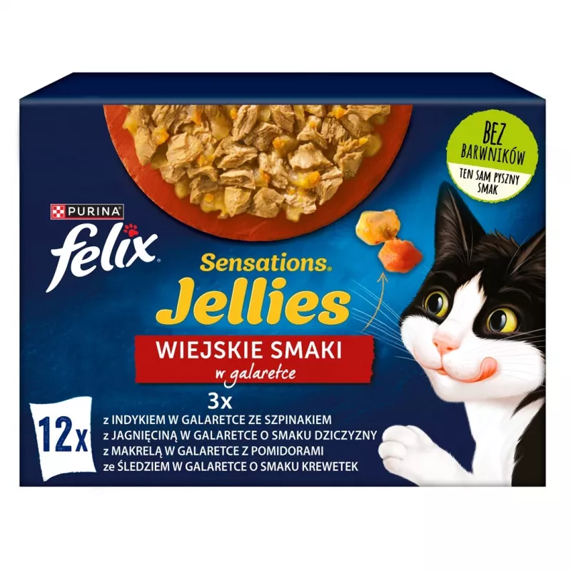 Šlapias kačių ėdalas Purina Nestlé Felix Sensations mišinys — 12×85 g pakeliai, kalakutiena, skumbrė, ėriena, silkė
