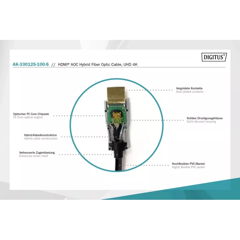 HDMI AOC hibridinis šviesolaidinis laidas Digitus AK-330125-100-S